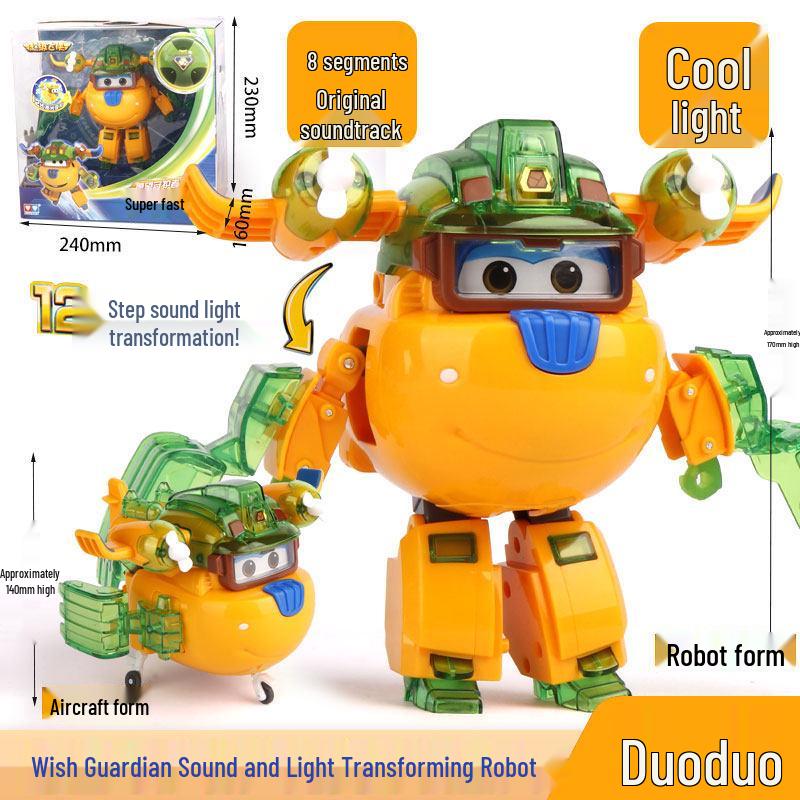Deluxe Super Wings Transformation Set: Wish Guardian - Le, Di, Xiao Ai, Duo Duo, Bao, Jing, Zhang with Sound and Light Effects.