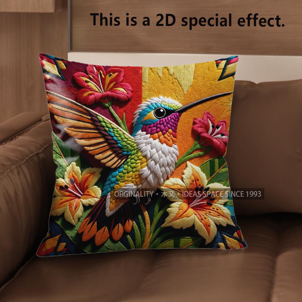 2D Hummingbird Floral Print Decorative Pillow Covers Pattern Cushion Cover Suitable For Sofa Bedroom Car Pillow Cover