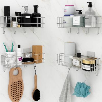 4 Stück Edelstahl Badezimmerregal für die Wand | Selbstklebender Badezimmer-Organizer | 4 Haken für Handtuchhalter | Platzsparendes an der Wand montiertes Badezimmerregal