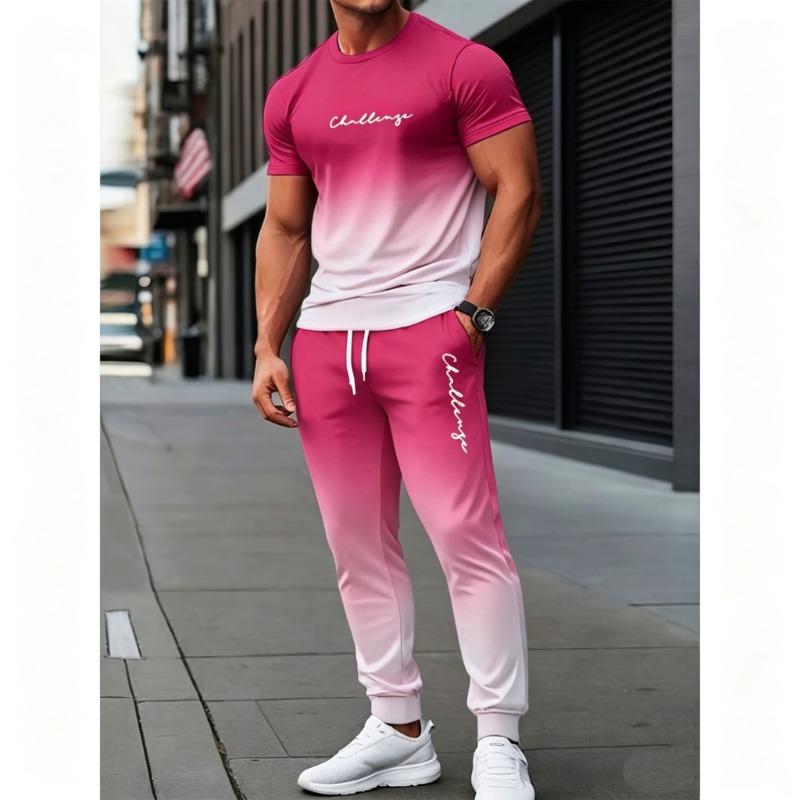 Men's Polyester Sportswear Regular Fit 2pcs Set | Patterned Short Sleeve T-Shirt and Long Pants