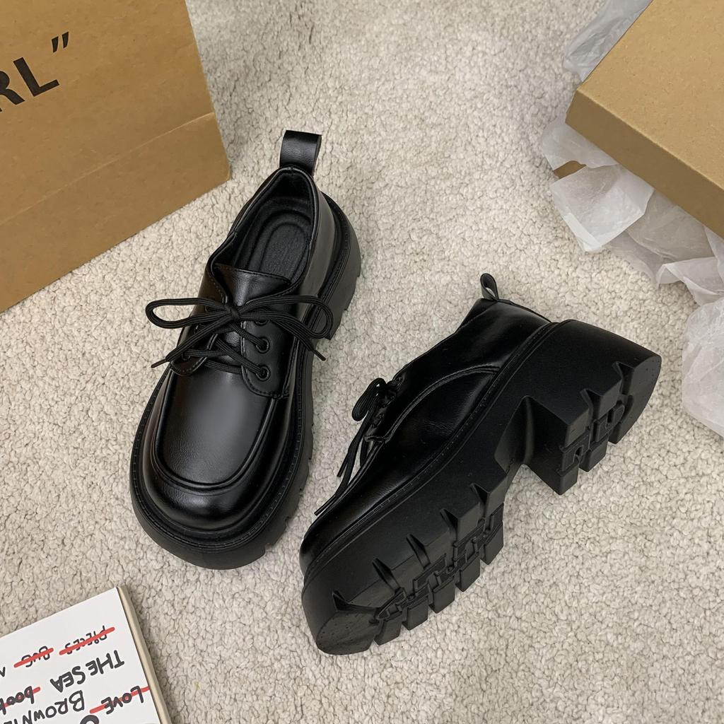thick-soled brown small leather shoes for women in spring 2025, new lace-up British style versatile loafers, height-increasing single shoes for women