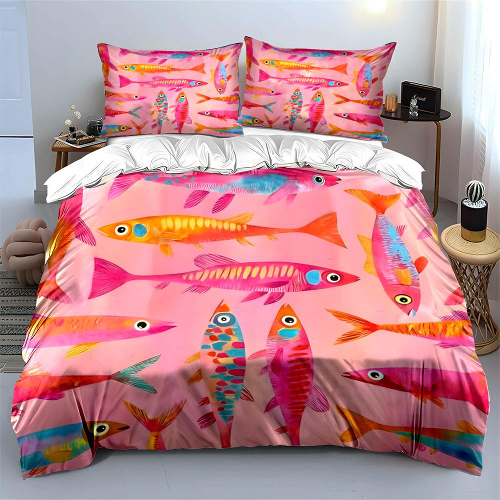 Colorful Fish Pattern Decor Set Exquisite Three-Piece Bedding Set Gift For Kids And Adults