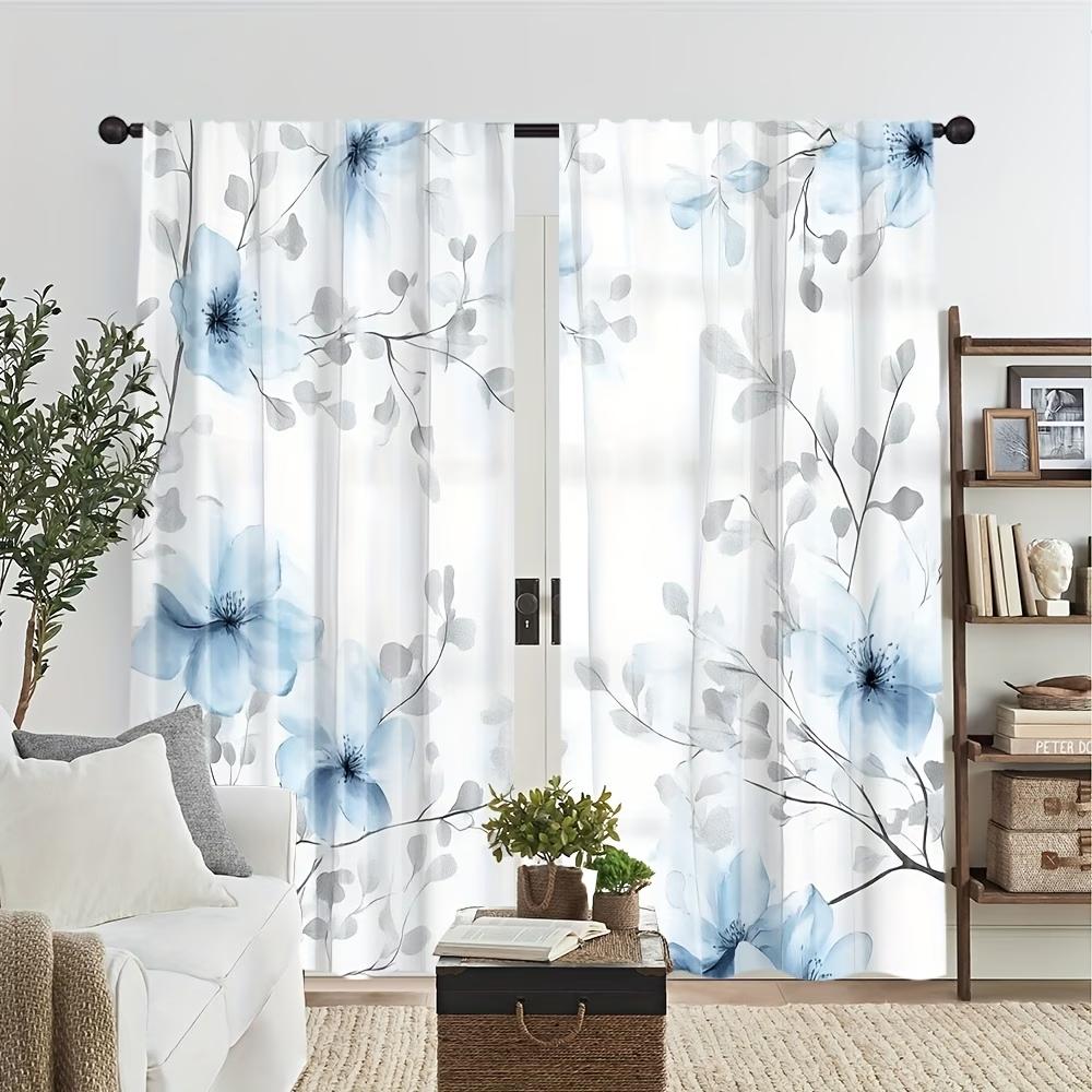 2PCS Digital Printed Curtains, Blue Flowers Gray Leaves Muted Botanical, Window Curtains for Living Room Bedroom Home Decoration