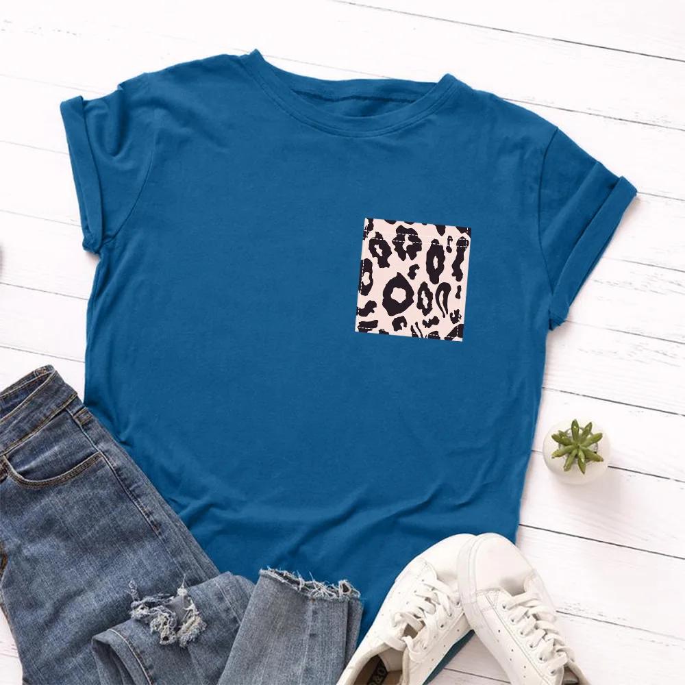 

Леопардовый карманный принт женская футболка короткий рукав O-образный вырез свободная женская футболка женская футболка топы одежда Camisetas Mujer XXXL темно-синий