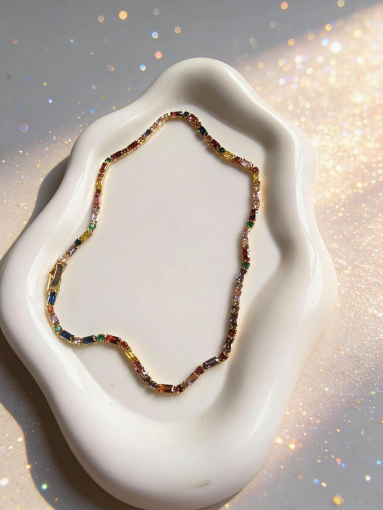 Dopamine Sugar Cube Colored Zircon Summer Eye-Catching Neck Chain Light Luxury Simple Temperament Bracelet Necklace