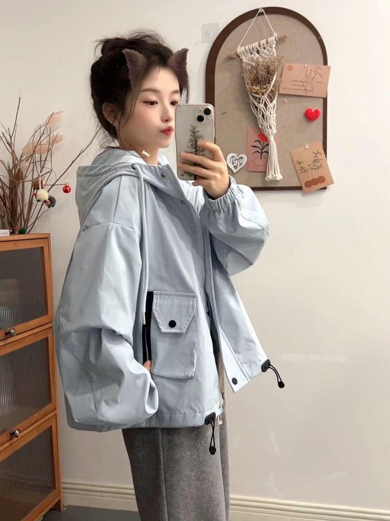 2025 Spring-Autumn Hooded Petite Windbreaker Jacket - Loose, Versatile, and Stylish Workwear Top