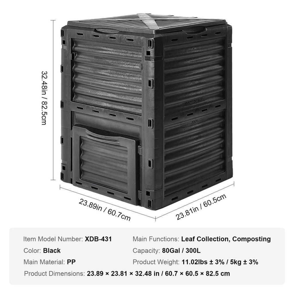 Garden Compost Bin 80 Gal, BPA Free Composter, Large Capacity Outdoor Composting Bin with Top Lid and Bottom Door, Easy Assembling, Lightweight, Fast