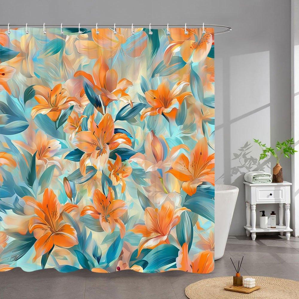 1pc Extra Long Floral Shower Curtain - Orange Lilies & Green Leaves on Pastel Blue & Yellow Background, Impressionistic Brushstr 90x180cm