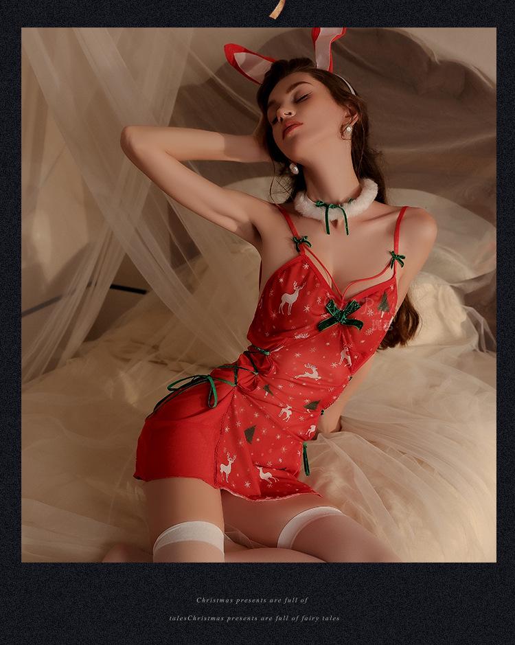 Übergröße Sexy Durchsichtiges Mesh Weihnachts-Dessous-Set mit Aufdruck - Rückenfreies Nachthemd