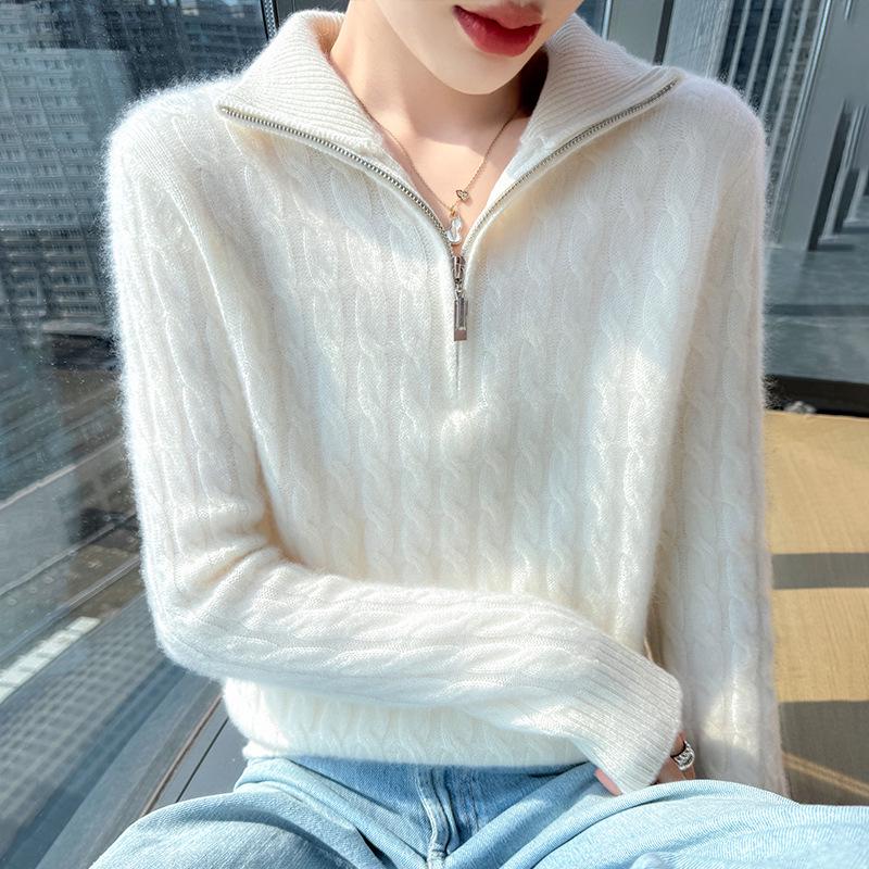 

Women s 100% Wool Thickened Knitted Sweater with Large Lapel - Autumn/Winter Warm Twist Pullover, Versatile & Trendy M (95-110 lbs)