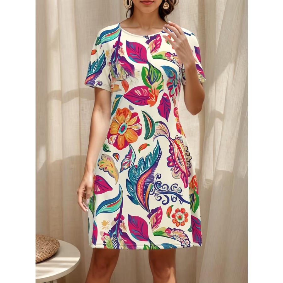 New Dress Women's Digital Printing Geometric Pattern Round Neck Pullover Summer Women's Dress