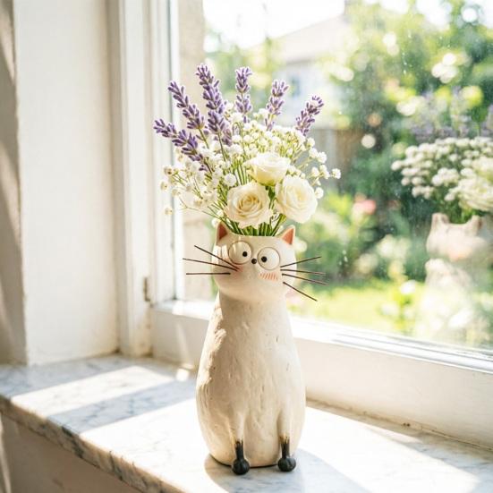 Quirky Cat Vase Handcrafted Resin Cat Flower Vase Funny Kitty Planter for Desk Shelf Boho Home Decor Gift for Cats Lovers