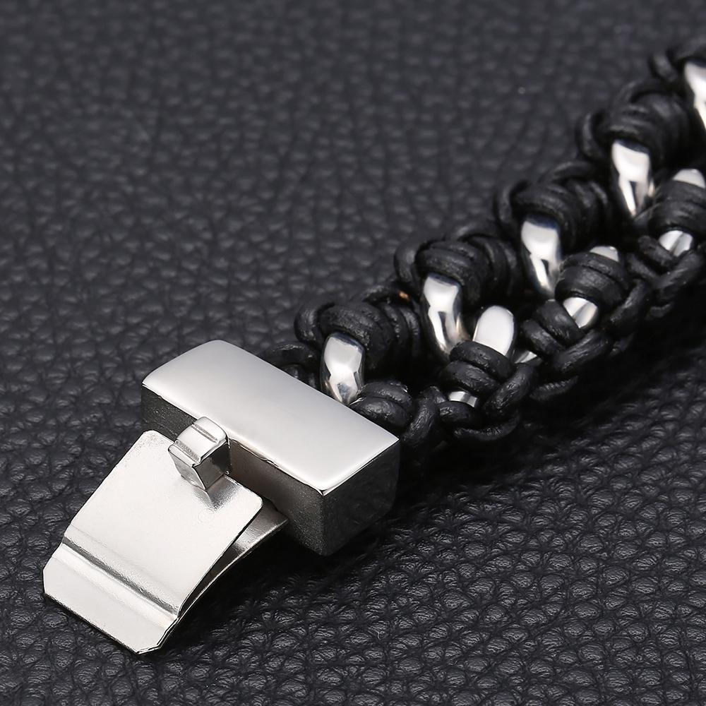 Herren 22MM Poliertes Edelstahl Kubanische Kette Armband für Herren Geflochtenes Leder Wickelarmband Armband Männliches Schmuckaccessoire