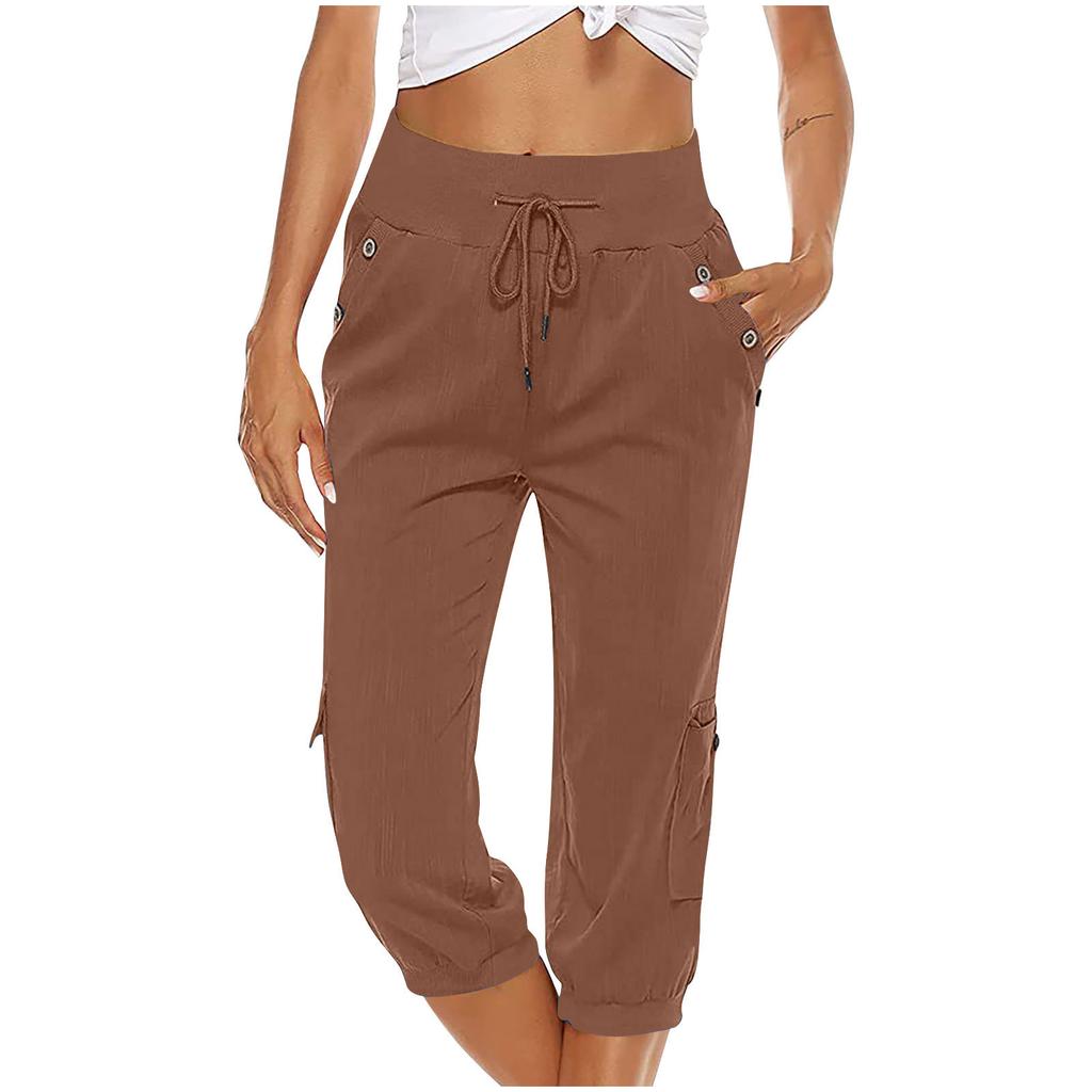Women Drawstring Waist Loose Fit Cargo Capri Pants Wide Leg Straight Leg Casual Trousers with Pockets