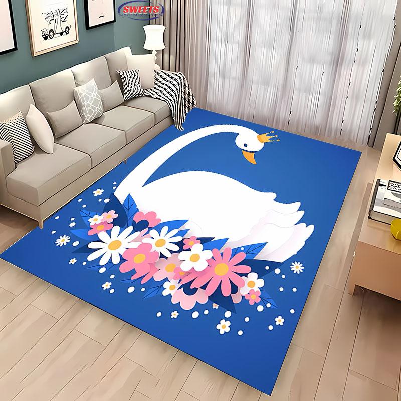 3D Printing Cute Swan Large Area Carpet for Living Room Cartoon Children's Bedroom Sofa Doormat Kitchen Floor Rug Anti-slip Mat