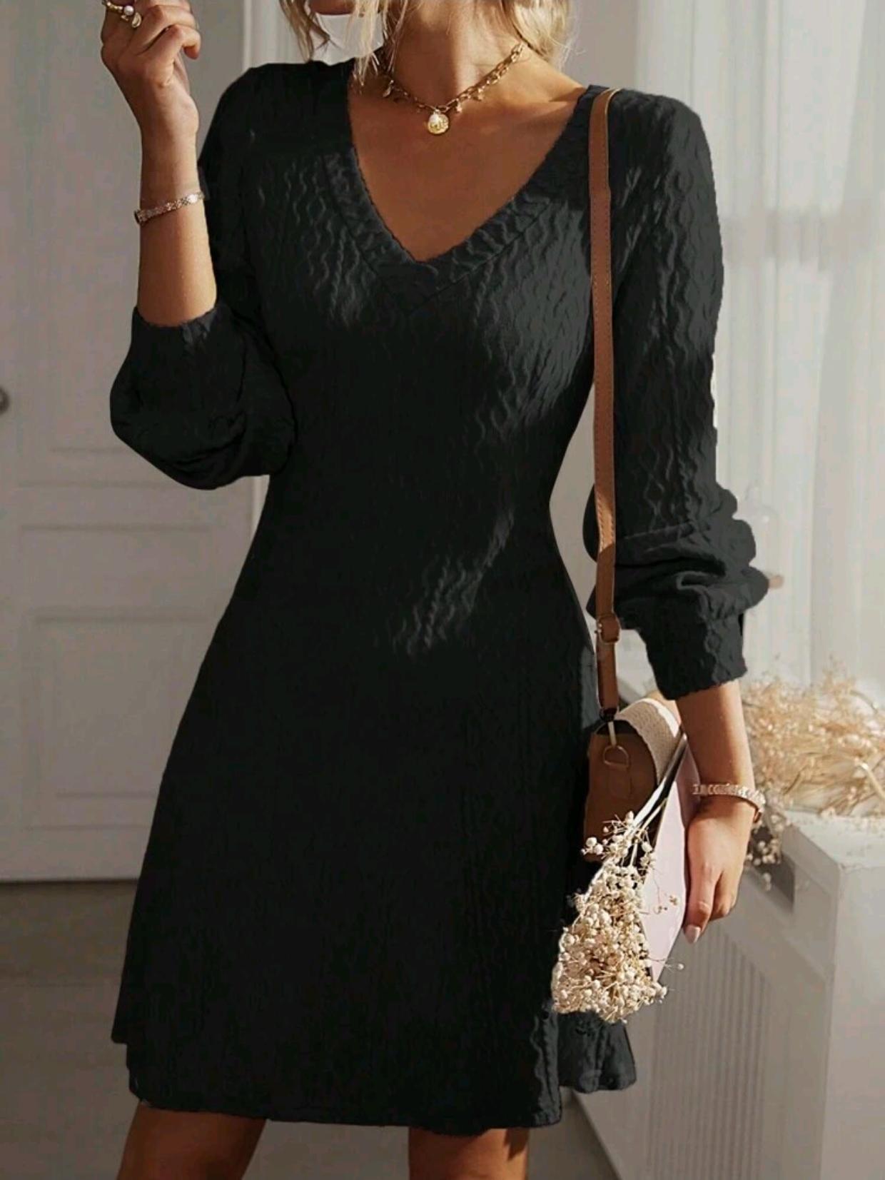 Elegant Autumn V-Neck A-Line Textured Long Sleeve French Dress for Women L