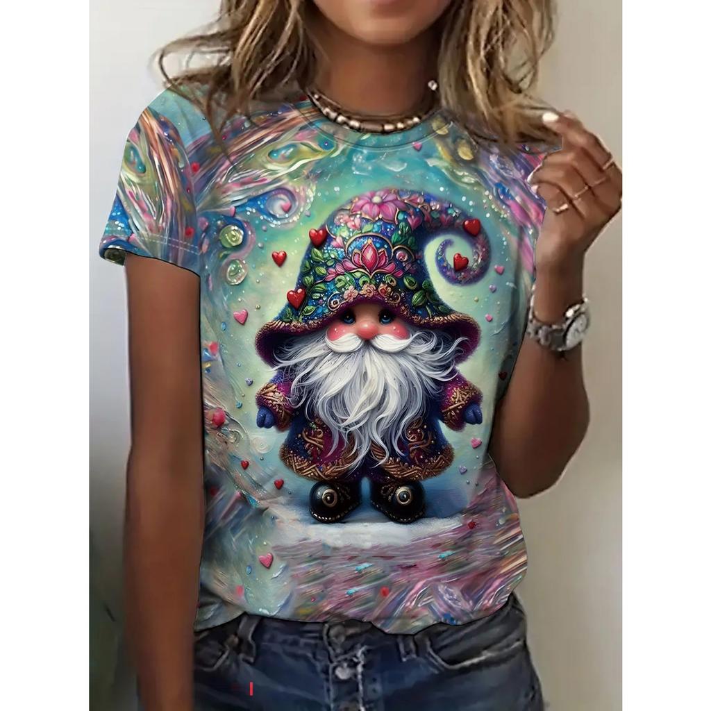 Bee Genie Gnomes Printed Women's T-shirt Comfortable Round Neck Short-sleeved Summer Style Casual Women's Clothing