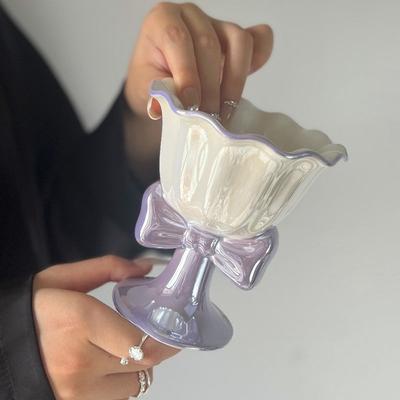 Bowknot Ice Cream Mug Ceramic Mugs Creative Pretty Elegant Girl Coffee Cup Luxury Aesthetic High Foot Dessert Breakfast Cups