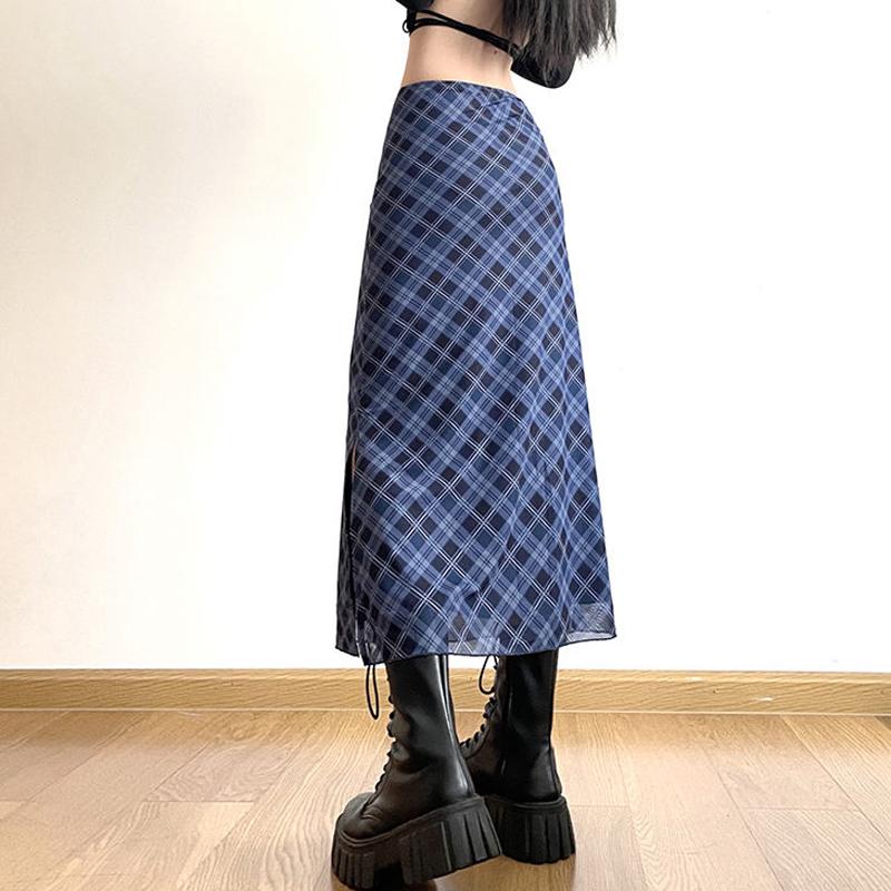 Damen Frühling Herbst Karomuster Wickel Hüftrock Mode Knöchellang Sexy Slim Bleistiftröcke Preppy Stil Mädchen Schlitz Midirock