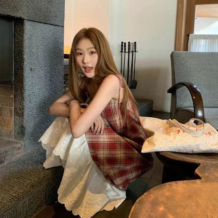 Lace Patchwork Plaid Sling Dress - Women's Summer 2025 New Loose Slimming Two-Piece Skirt.