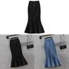 Denim Pencil Skirt With Ruffle Hem For Office Women Autumn Winter