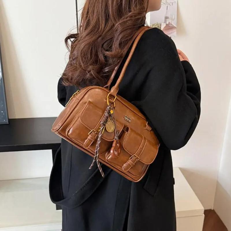 Women Multi-Pocket Tote Shoulder Bag with Golden-Tone Hardware & Letter, Stylish Handbag Purse for Travel, Work, Shopping, Dates