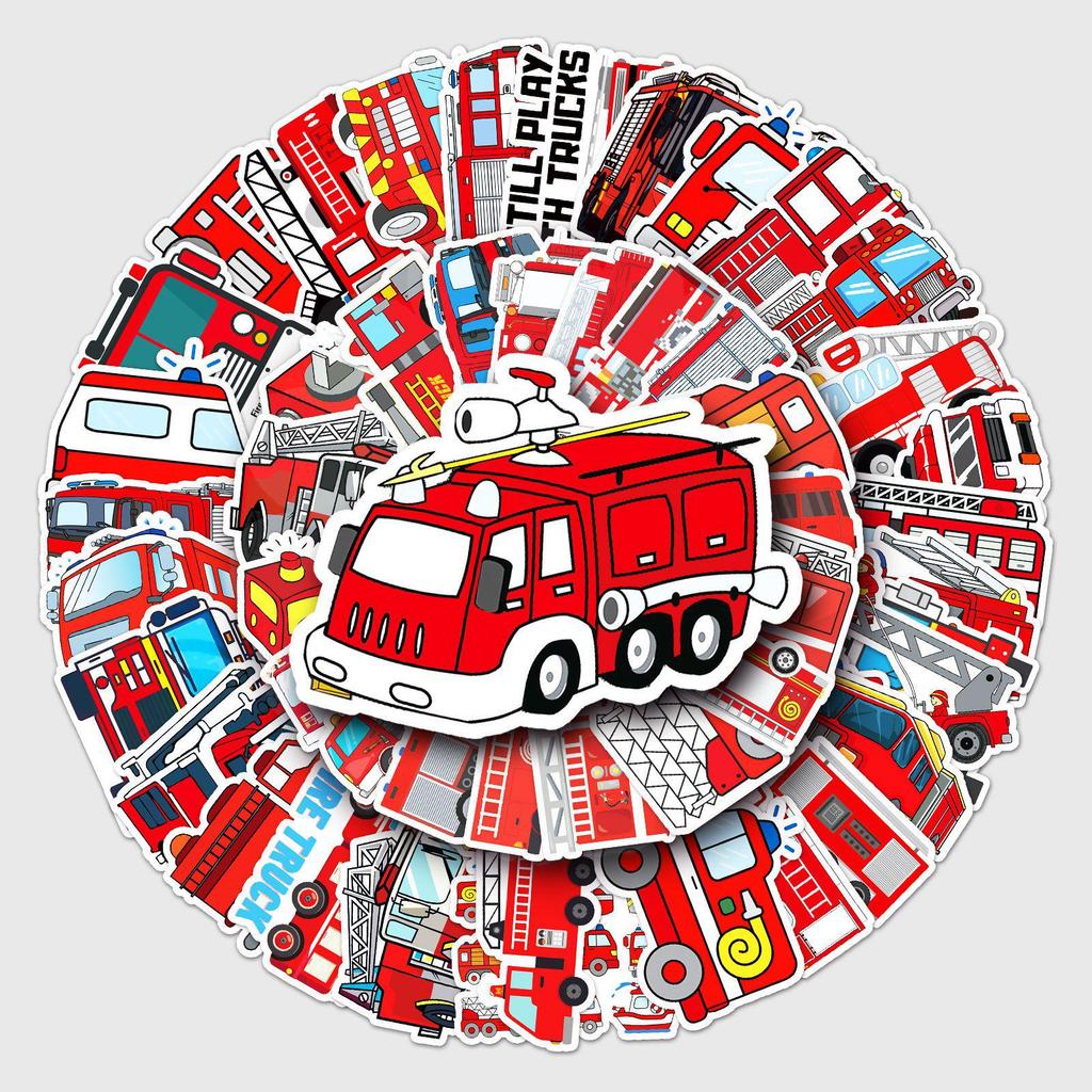 50 Fire Truck Cartoon Stickers: Children's Waterproof Graffiti and DIY Rewards for Skateboards & Suitcases.