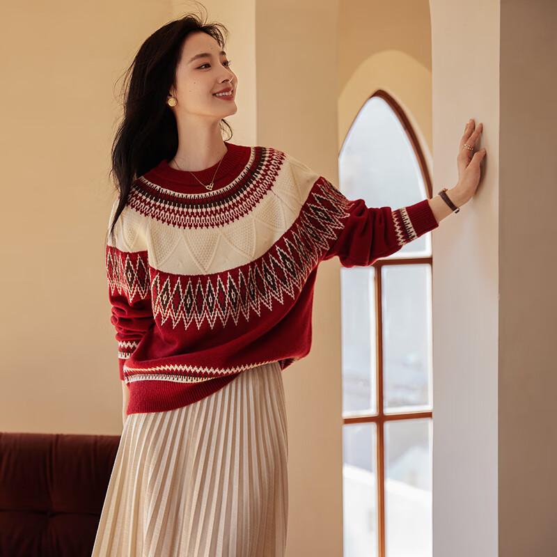 VICTORIA&VERA Women's Winter Christmas Red Color-Block Diamond Knit Sweater