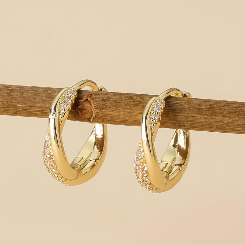 Korean Interlocking Hoop Earrings for Women, Copper Earrings with Shiny Zirconia, Minimalist Daily Commute Jewelry, Banquet Gift