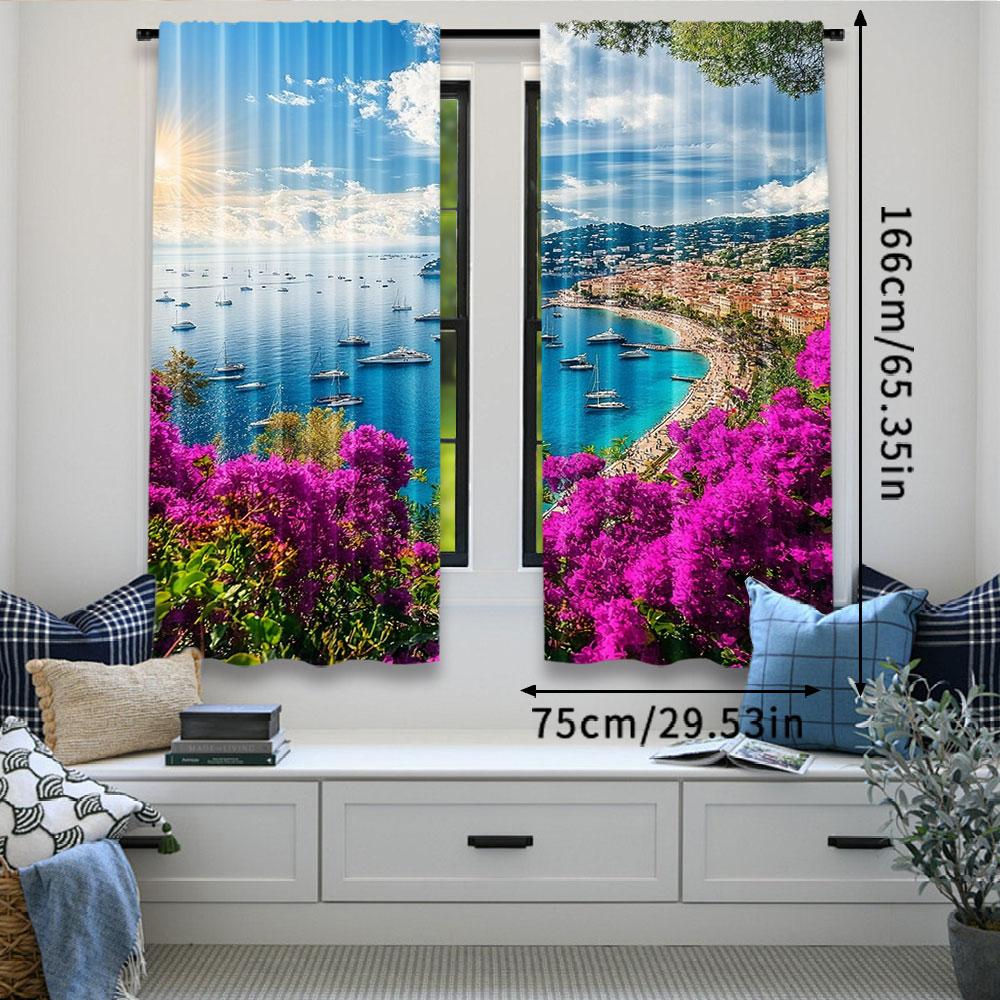2Pcs French Riviera Coast View Curtains Medieval Town Landscape Curtains Sunshine Blue Sky Beach Curtains A