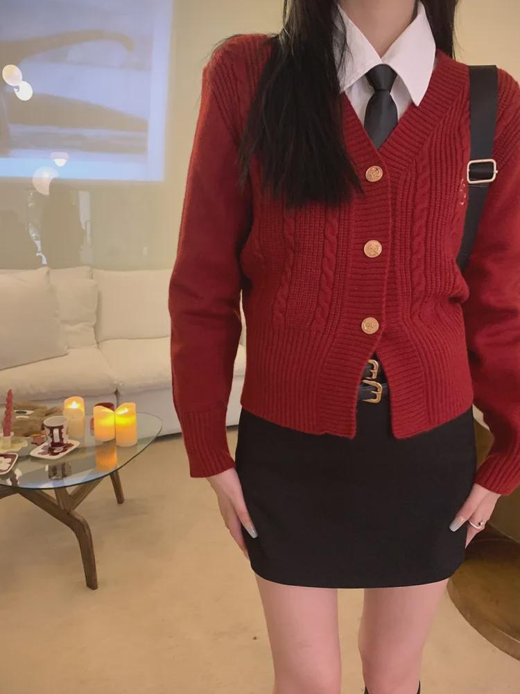 V-Neck Slim Fit Knitted College Cardigan with Long Sleeves