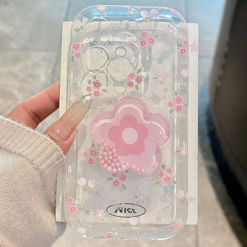 Cute Quicksand Flower Holder Phone Case For iPhone 16 15 14 13 12 11 Pro Max Plus Stand Floral Clear Soft Shockproof Cover