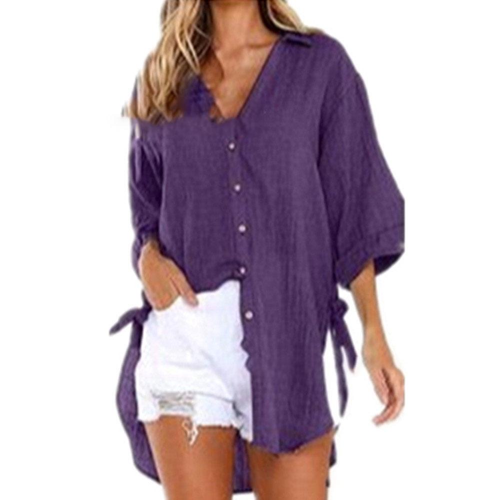 Women Casual Lace-up Button Lapel Shirt Loose Side Knotted Long Sleeve Shirt Plus Size