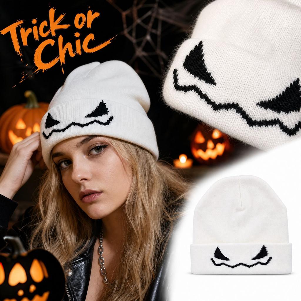 Halloween Knit Hat with Pumpkin and Devil Embroidery, Cute Trendy Winter for Women and Men