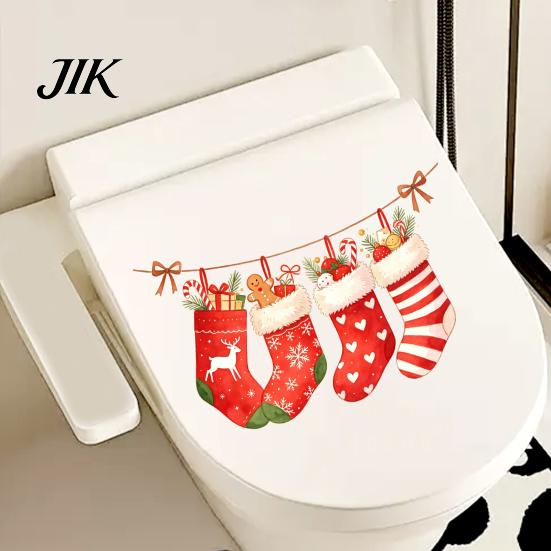 Christmas Bathroom Toilet Stickers Stocking Stickers, Waterproof PVC Decals for Holiday Home Easy Peel And Stick Decoration, Red Watercolor