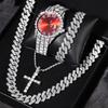4pcs/set Men Bling Wrist Watch Hip Hop Cuban Chain Necklace Set Round Dial Rhinestone Quartz Watches Cross Pendant Punk Jewelry