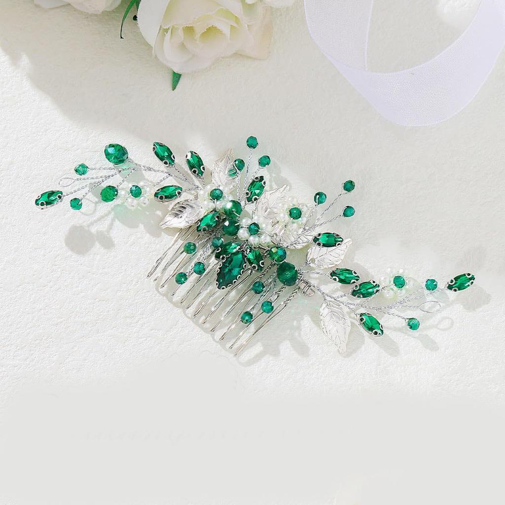 Europe and America Cross Border Special for Green Emerald Crystal Silver Leaves Hair Comb Accessories Bridal Wedding Headdress