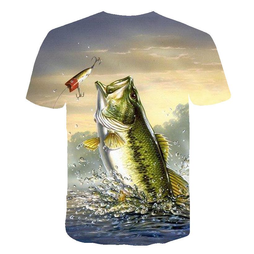 Sommar Rundhalsad 3D Roligt Fiskmönster Tryckt Topp Trendig och Avslappnad Lös Kortärmad Herr T-shirts