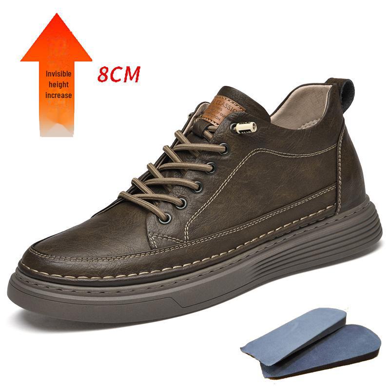 Zapatillas de Hombre de Piel de Vaca con Suela Gruesa: Zapatos de Moda de Caña Baja, Casuales Británicos de Cuero, Talla Grande, que Aumentan la Altura