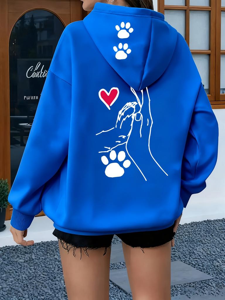 Healing People and Dogs Holding Hands Love Paw Prints Back Hat Top Printing Hooded Sweater Loose Shoulder Same for Men and Women