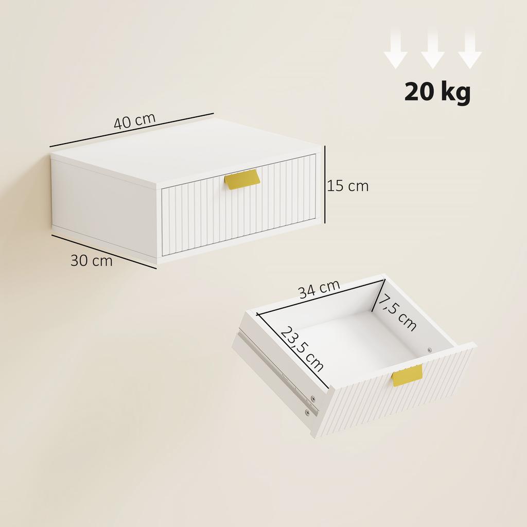Set of 2 Wall-Mounted Nightstands, Wavy Drawer, 40x30x15 cm, White