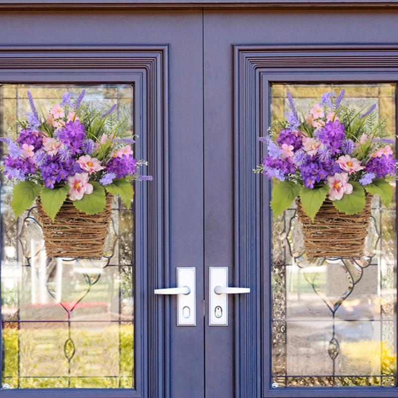 Elegant Basket with Beautiful Blooms Artificial Flowers Wreath Handmade Artfully Floral for Home and Office Enhancement