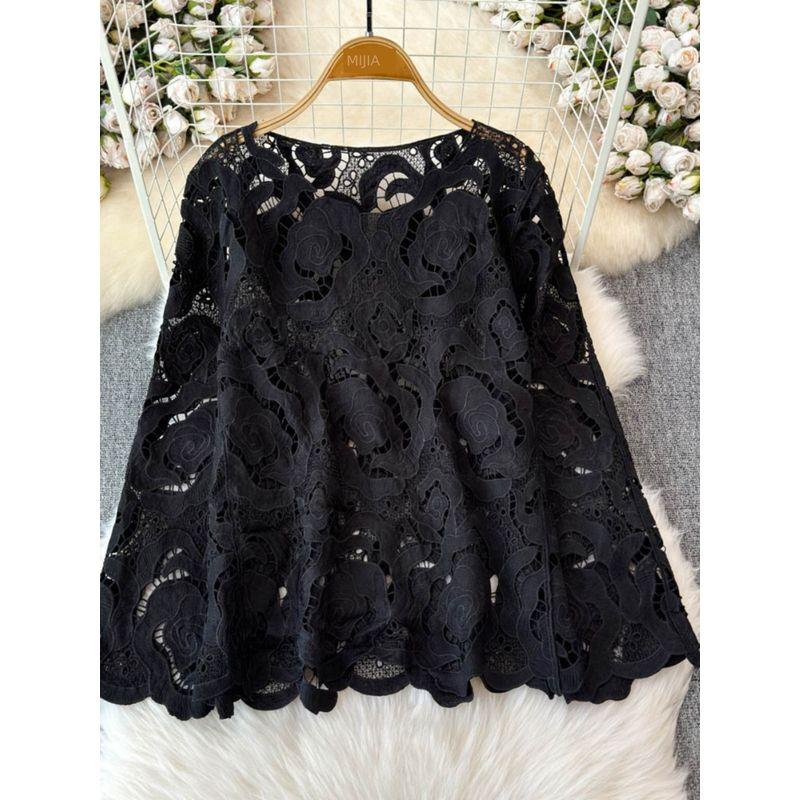 French Horn Long Sleeves Weaving Hollow Crochet Knitwear Women's Summer Wear Lazy and Loose Slimming outside Wear Sun Protective Blouse