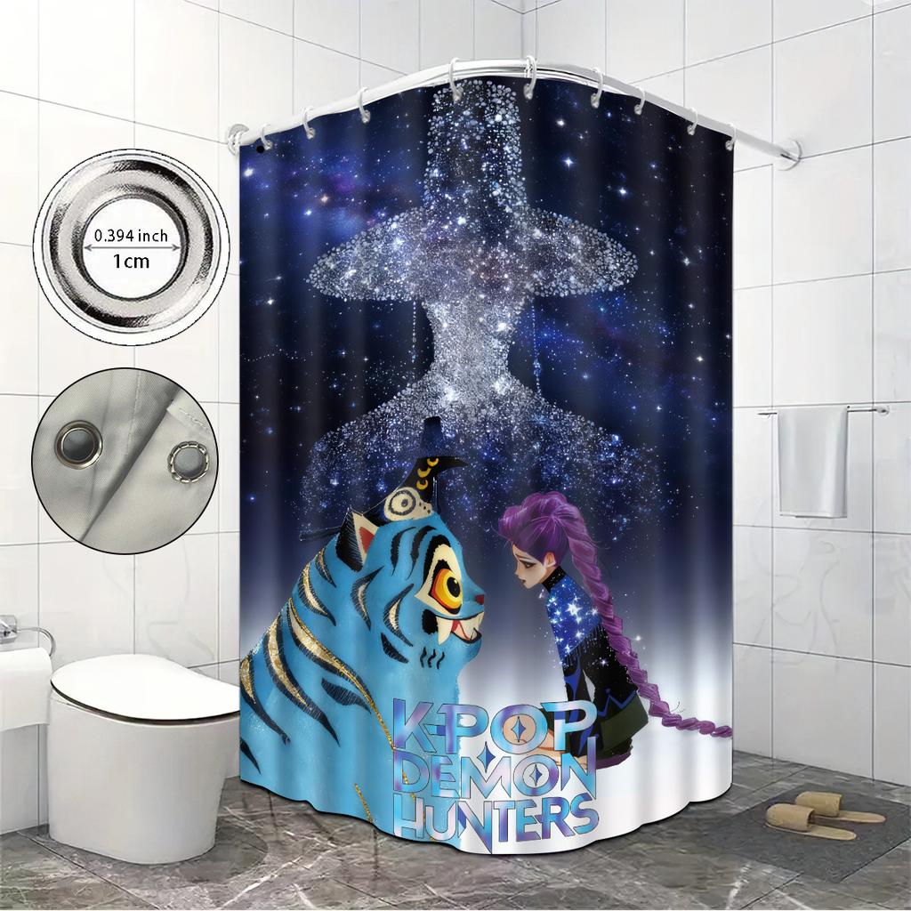 1pc K-Pop Demon Hunters Print Waterproof Shower Bathroom Partition Privacy Hanging Curtain with 12 Hooks Easy Installation
