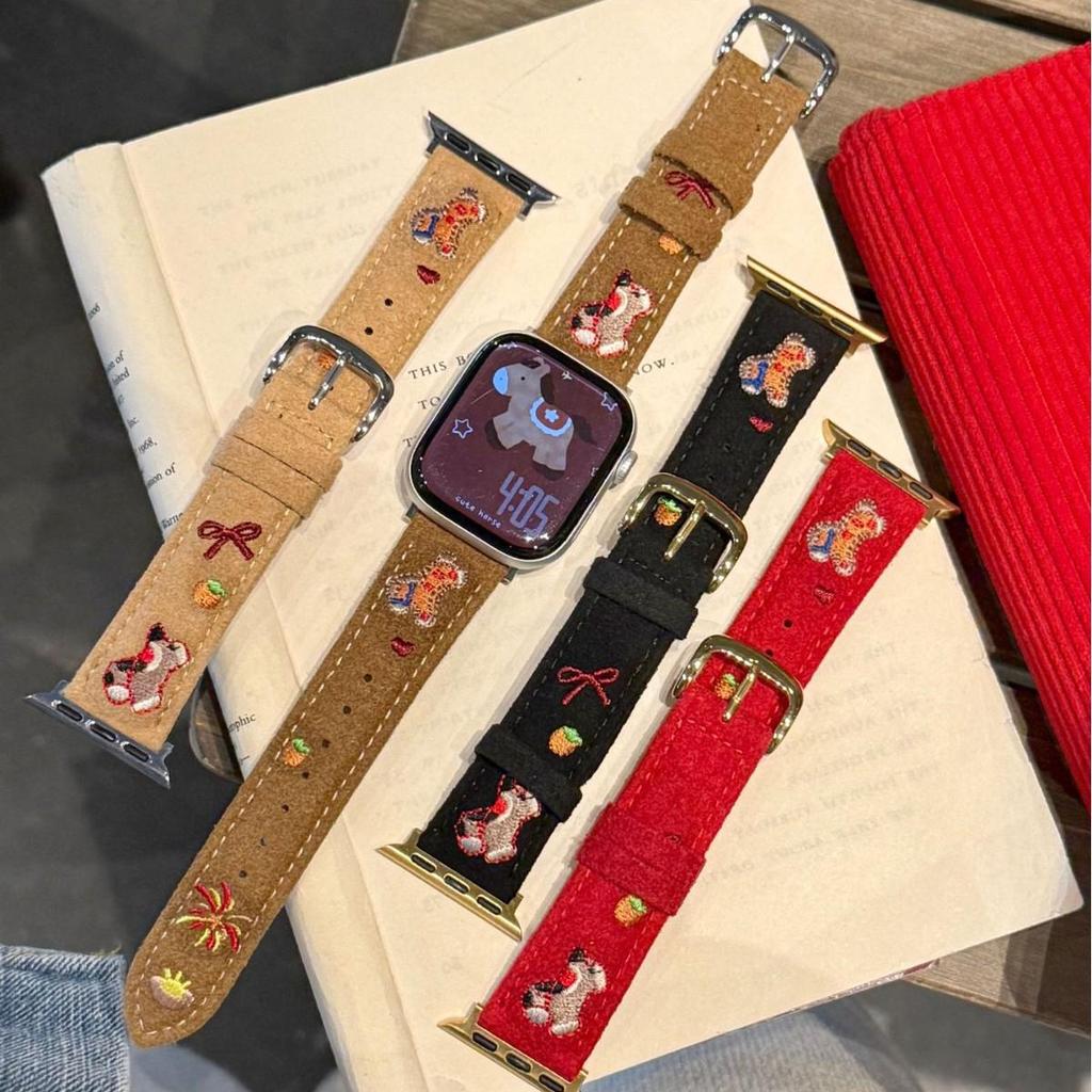 New Year Small Horse Embroidery Velvet Leather Strap for Apple Watch Series 11 10/9/8 Ultra SE