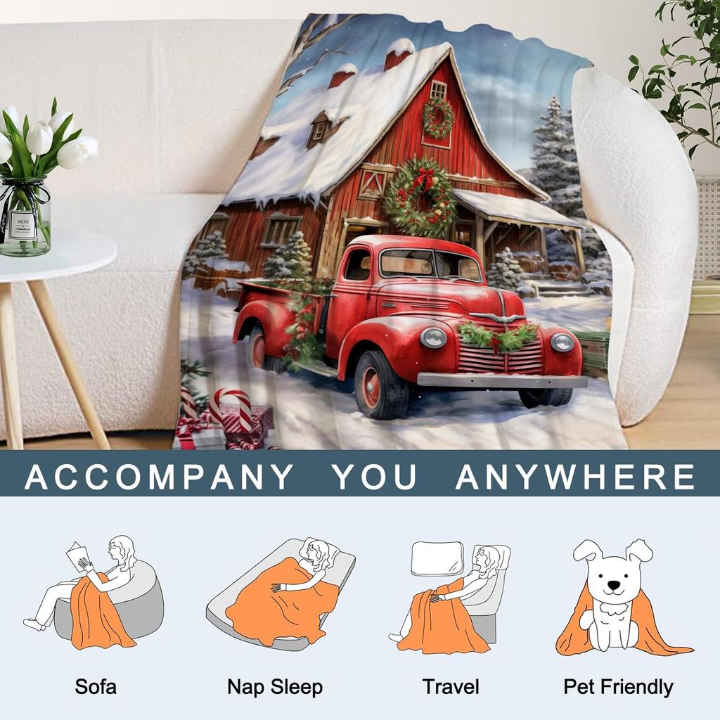 Farmhouse Christmas Large Throw Blanket Vintage Red Truck Xmas Winter Holiday Blanket Couch Bed Soft Cozy Lightweight Fuzzy