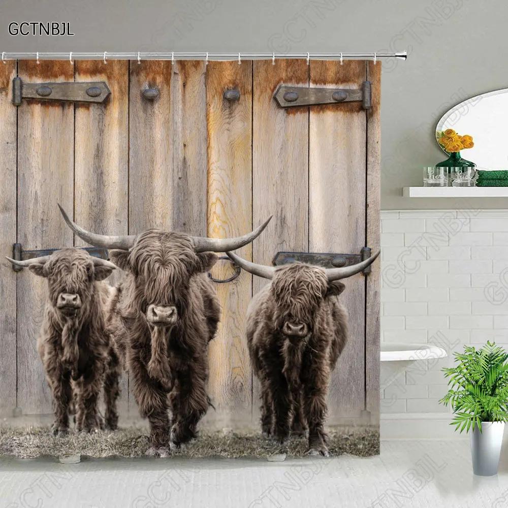 Funny Highland Bull Shower Curtains Set Western Bull Portrait Brown Wood Panel Rustic Landscape Barn Bath Curtain Bathroom Decor