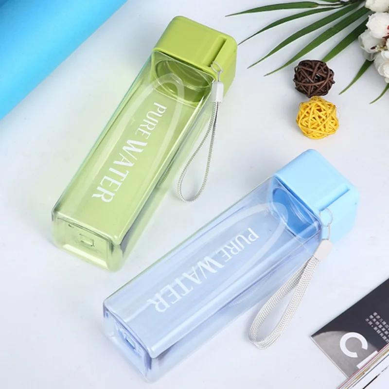 Simple Square Water Bottle Portable Plastic Sport Water Bottles Candy Color Leak Proof Gym Household School Outdoor Drinkware