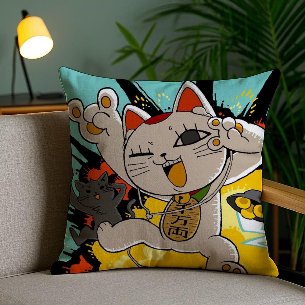 D-Dan Da D-Dan Lucky Cat Cushion Cover Soft Short Plush Double-Sided Printing Home Decor Machine Washable Pillow Case Gift