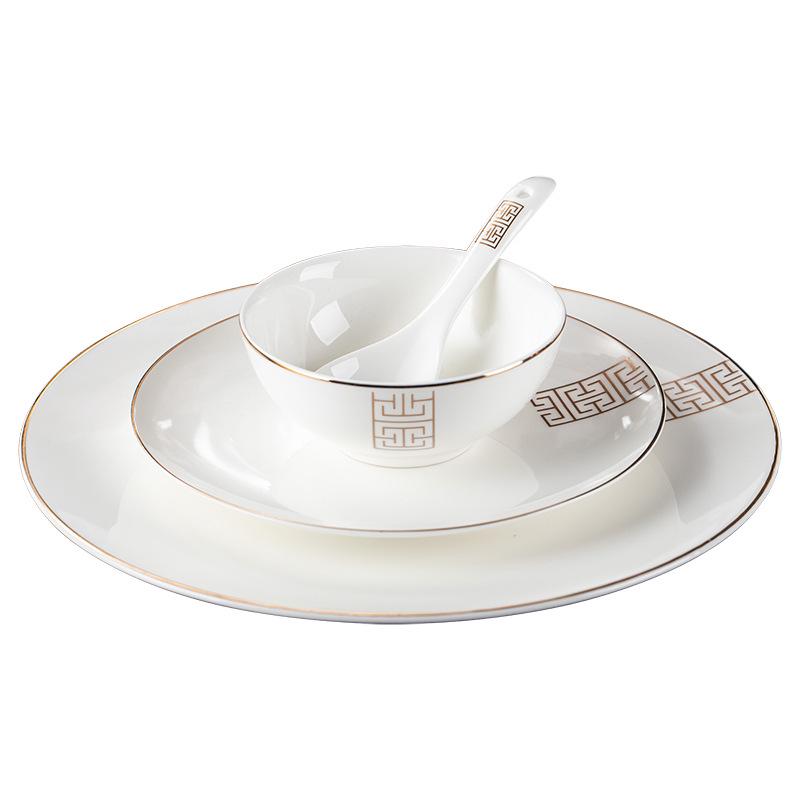 Luxury Wear-Resistant Gold Rim Bone China Dinnerware Set for Hotels and Restaurants - Includes Bowls, Plates, Spoons, Cups, and Chopsticks